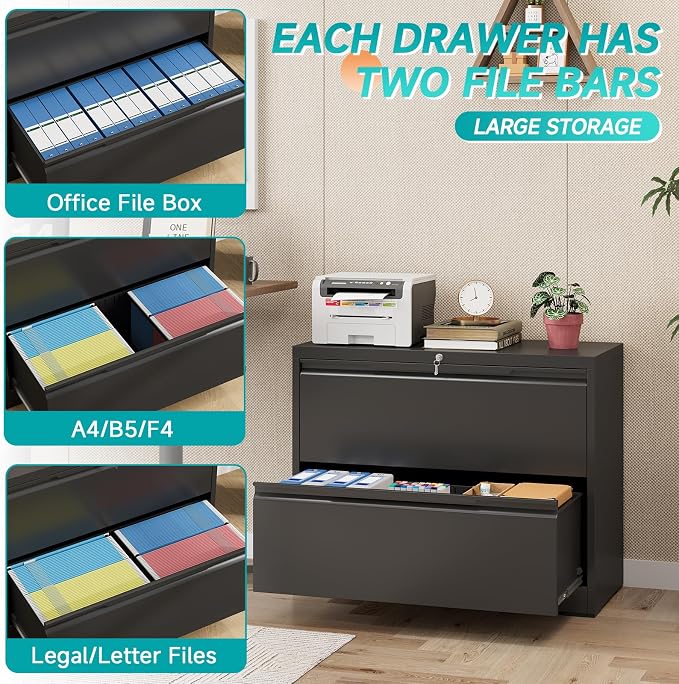 2 Drawer Lateral Metal File Cabinet, Home Office Storage Filing Cabinet with Hanging Bars & Keys, Compatible with Legal Letter A4 F4 Size Hanging Folders,Black,Require Assembly