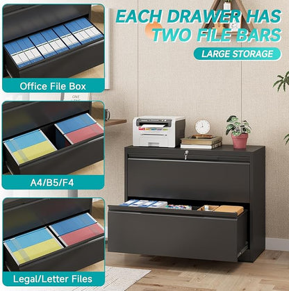 2 Drawer Lateral Metal File Cabinet, Home Office Storage Filing Cabinet with Hanging Bars & Keys, Compatible with Legal Letter A4 F4 Size Hanging Folders,Black,Require Assembly