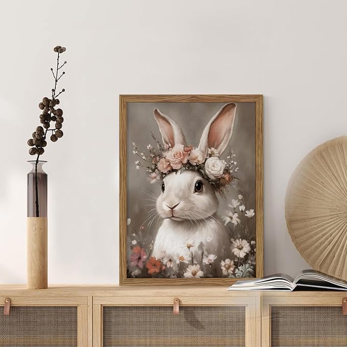 Framed Vintage Easter Bunny Wall Art, White Bunny with Flower Crown Canvas Prints, Cottage Farmhouse Animal Artwork, Rustic Easter Wall Decor for Kids Room Girls Bedroom Living Room 12x16in