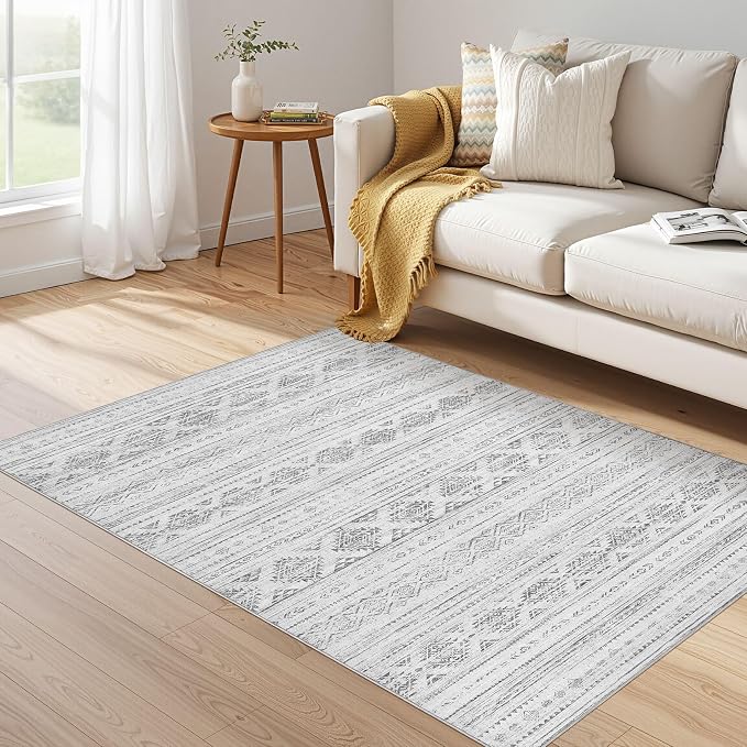 Nakagishi 4x6 Area Rugs Living Room: Washable Boho Large Neutral Soft Farmhouse Rug Stain Resistant Modern Indoor Floor Non-Slip Carpet for Bedroom Nursery Kids Office Dining Room Dorm - Dark Grey