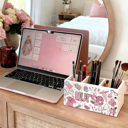 Pink Nurse Pen Holder, Nurses Appreciation Gifts Pencil Holder for Desk, Nurse Office Decor, Nursing Nurses Gifts for Women Wooden Box Sign Decorations for Office Desk Tabletop