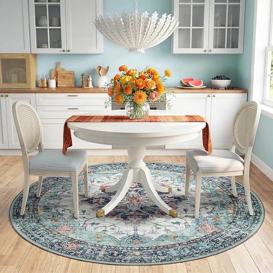 RELEANY Area Rugs Round 6ft Washable Non-Slip, Floral Vintage Distress Medallion Carpet for Living Room Bedroom Dining Room, Green Navy Blue White Red Teal