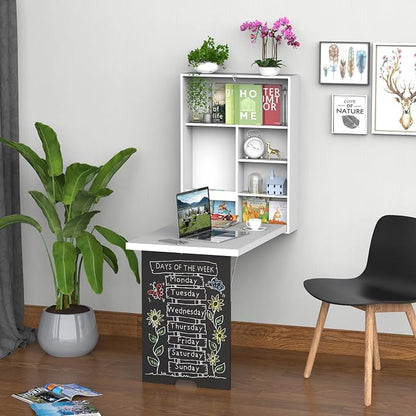 Foldable Wall Mounted Desk with Storage Shelves, Fold Out Convertible Computer Table with Blackboard, Folding Writing Table Workstation for Small Spaces,Home Office (White-a)