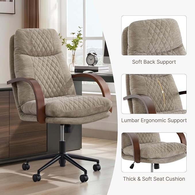 KISLOT Home Office Desk Chair, Ergonomic Office Chair with Lumbar Support, Adjustable Swivel Computer Chair with Wheels, Fabric Executive Task Chair with Wood Arms, Set of 2, Khaki