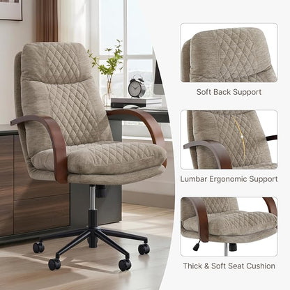 KISLOT Home Office Desk Chair, Ergonomic Office Chair with Lumbar Support, Adjustable Swivel Computer Chair with Wheels, Fabric Executive Task Chair with Wood Arms, Set of 2, Khaki