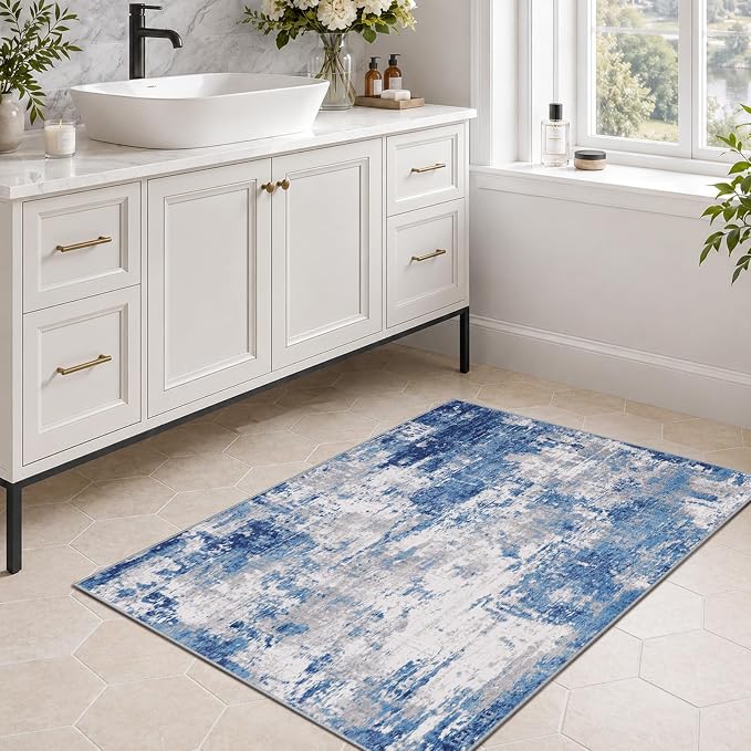 RELEANY Washable Area Rugs 3'x5' Non-Slip Modern Abstract Soft for Living Room Entryway Bedroom Kitchen, Print Pattern, Blue Grey Navy Gray
