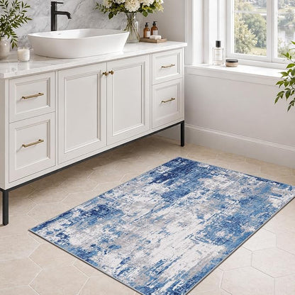 RELEANY Washable Area Rugs 3'x5' Non-Slip Modern Abstract Soft for Living Room Entryway Bedroom Kitchen, Print Pattern, Blue Grey Navy Gray