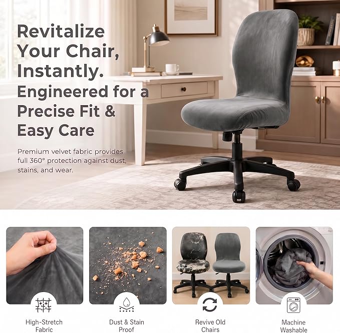 Deisy Dee Velvet Stretch Armless Office Chair Covers - Colorful Stretch Slipcover for Desk Chairs (Dark Grey)