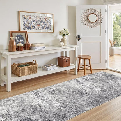 UERMEI 3x8 Washable Runner Rug for Hallway, Non Slip Low Pile Kitchen Carpet, Neutral Modern Abstract Indoor Floor Mat for Entryway Laundry, Kid & Pet Safe High Traffic Area, Grey