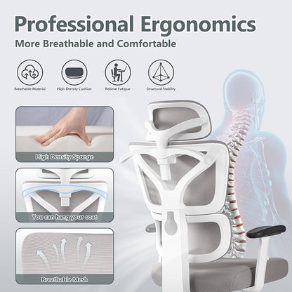 Winrise Office Chair Ergonomic Desk Chair, High Back Gaming Chair, Big and Tall Reclining Chair Comfy Home Office Desk Chair Lumbar Support Breathable Mesh Computer Chair Adjustable Armrests (Gray)