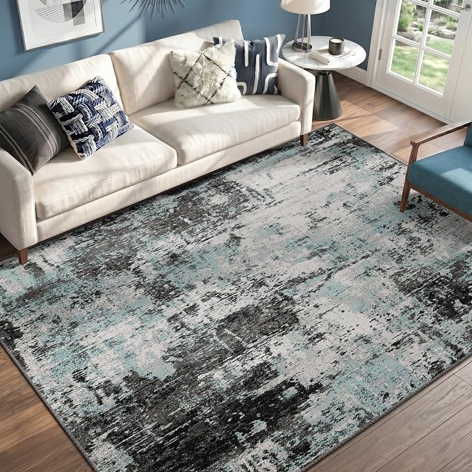 RELEANY Washable Area Rugs 5'x7' Non-Slip Modern Abstract Soft for Living Room Entryway Bedroom Kitchen, Print Pattern, Blue Black Teal