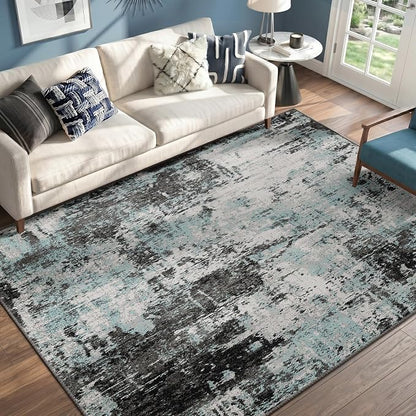 RELEANY Washable Area Rugs 5'x7' Non-Slip Modern Abstract Soft for Living Room Entryway Bedroom Kitchen, Print Pattern, Blue Black Teal