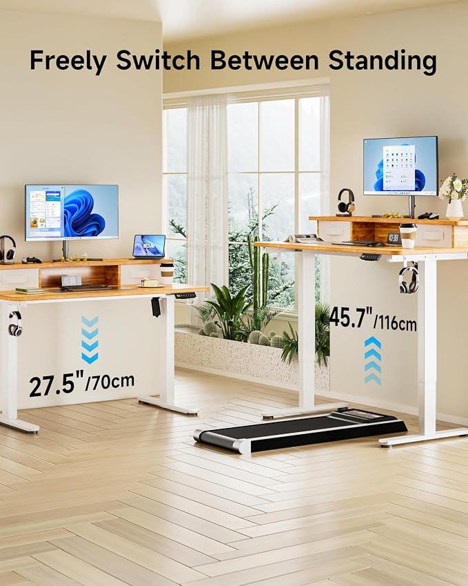 BIZUM Standing Desk with 2 Drawers Computer Desk-Stand up Desk Home Office Gaming Memory Desks C-Clamp Mount Compatible, 48x24 Inch Light Rustic Brown