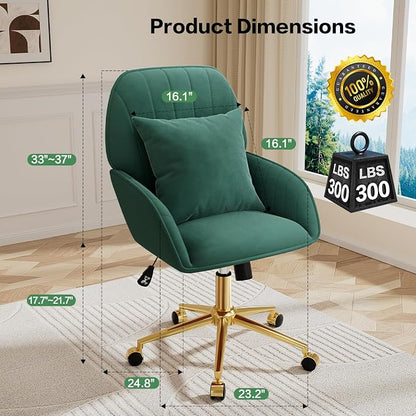 Home Office Desk Chair Comfy with Adjustable Swivel Wheels, Modern Velvet Makeup Vanity Chair with Back & Pillow, Ergonomic Office Chair Computer Task Chair for Living Room, Bedroom, Green