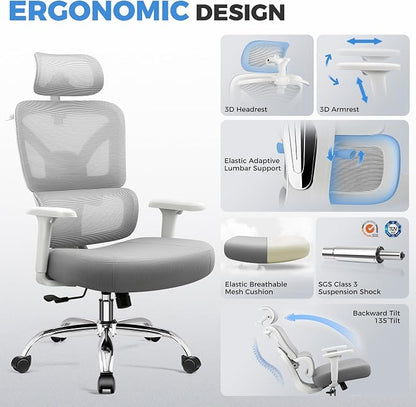 Office Chair, Ergonomic Office Desk Chair with Lumbar Support, Breathable Mesh Back & Thick Seat Cushion, High Back Office Desk Chairs Comfy for Home Office, Gray, Upgrade