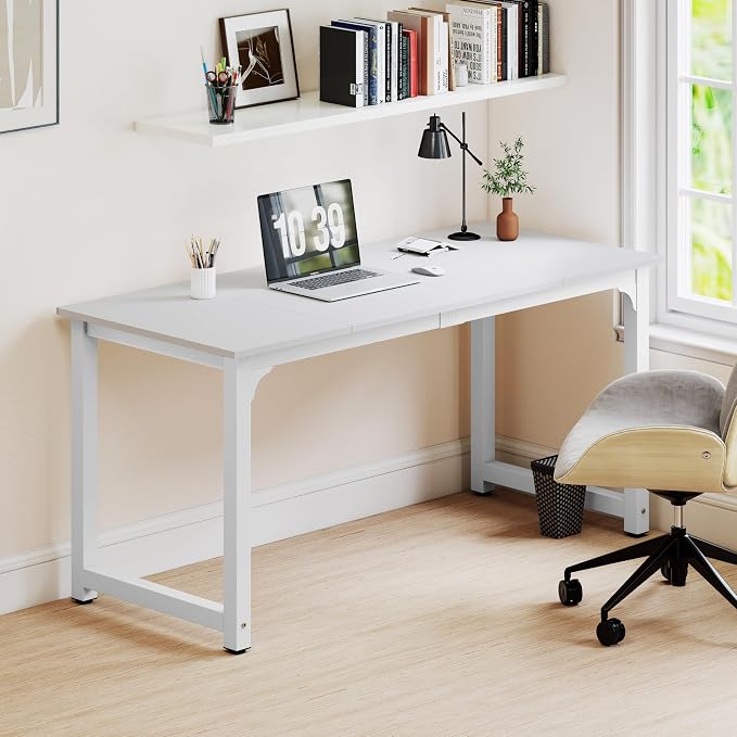 NSdirect Large Office Desk for Home Office, Large 63” Computer Desk Table, Wide Writing Study Desk for 2 Person, Metal Sturdy Frame Thicker Steel Legs,Warm White