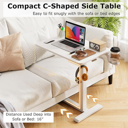 Tangkula Mobile Standing Desk, Pneumatic Height Adjustable Rolling Desk with Cup Holder & Headphone Hook, Overbed Table with Hidden Wheels, Laptop Computer Cart for Couch, Home, Office (White)
