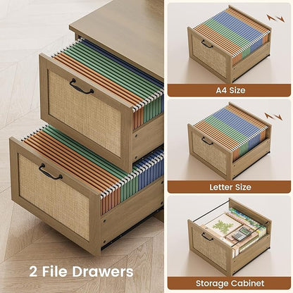 SEDETA 63" Rattan L Shaped Desk with Drawers, Farmhouse Corner Computer Desk, Wood Office Desk with File Drawers with Storage, Executive Desk with Monitor Stand and Storage Cabinet, Oak
