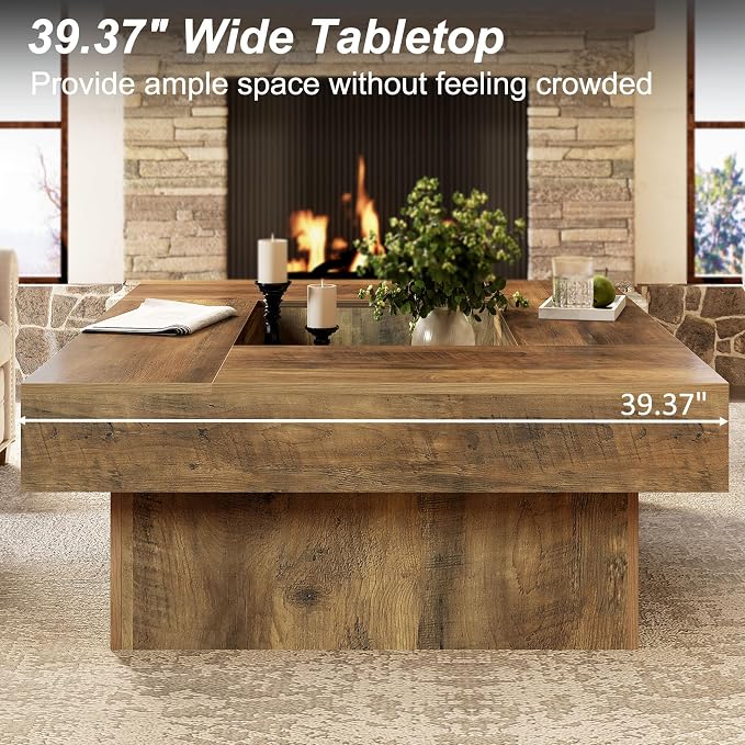 LVB Coffee Table, Modern Wood Led Living Room Table with Storage, Farmhouse Large Square Center Table with LED Light, Unique Wide Low Tea Table for Living Room Home Office, 39.37 Inch, Rustic Oak