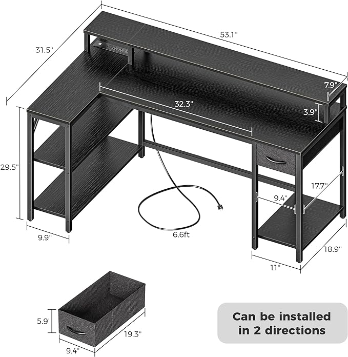 SUPERJARE 53 inch L Shaped Gaming Desk with LED Lights & Power Outlets, Reversible Computer Desk with Shelves & Monitor Stand, Corner Desk with Drawer, for Home & Office, Black