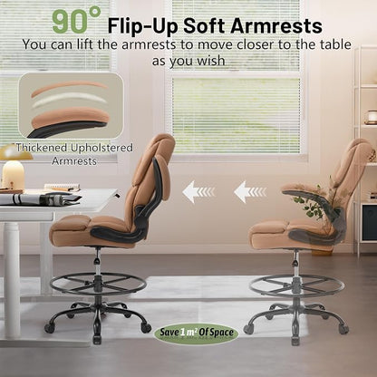 500LBS Drafting Chair, High Back Safer Standing Desk Chair, Executive Tall Office Chair with Flip-up Armrests, Upholstered PU Leather Task Chair, Ergonomic Seat with Adjustable Height&Foot Ring, Brown