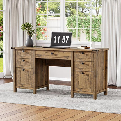 Farmhouse Executive Desk with 5 Drawers - 62" W Farmhouse Computer Desk with Power Outlets & USB Charging, Heavy Duty Storage Desk for Home Office & Study.Vintage