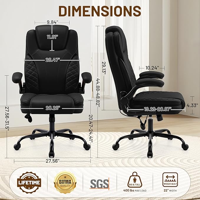 Ergonomic Office Chair, PU Leather High Back Executive Chair with Adjustable Inflatable Lumbar Support and Padded Flip-Up Arms, Recline Swivel Task Computer Chair for Home Office, Black