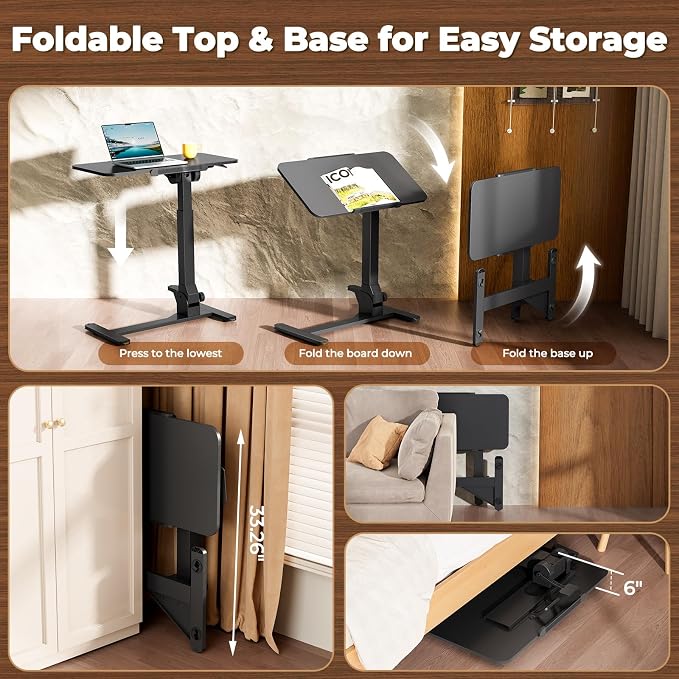 JOY worker Foldable Overbed Bedside Table, 180° Tiltable Mobile Standing Desk with Wheels, 31.5" Pneumatic Height Adjustable Rolling Laptop Desk for Home & Hospital Use, Easy Storage, Black