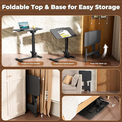 JOY worker Foldable Overbed Bedside Table, 180° Tiltable Mobile Standing Desk with Wheels, 31.5" Pneumatic Height Adjustable Rolling Laptop Desk for Home & Hospital Use, Easy Storage, Black