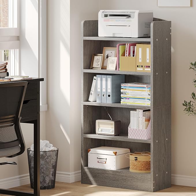 ALISENED 5-Tier Bookcase, Open Bookshelves and Bookcases with Storage Shelves, Floor Standing Unit, Display Storage Shelves for Bedroom Library Living Room Home Office, Gray