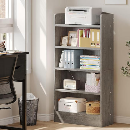 ALISENED 5-Tier Bookcase, Open Bookshelves and Bookcases with Storage Shelves, Floor Standing Unit, Display Storage Shelves for Bedroom Library Living Room Home Office, Gray