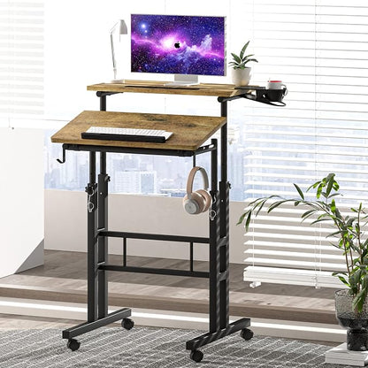 Klvied Small Standing Desk with Cup Holder, Height Adjustable Mobile Laptop Stand on Wheels, Ergonomic Rolling Computer Workstation for Home Office, Portable Overbed Table for Couch & Bed, Oak
