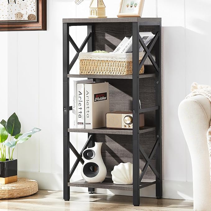 MNEETRUNG Small Bookshelf,4 Tier Industrial Bookcase with Metal Frame and Backboard,Narrow Rustic Gery Book Shelf,Book case for Small Spaces,Living Room,Bedroom and Home Office
