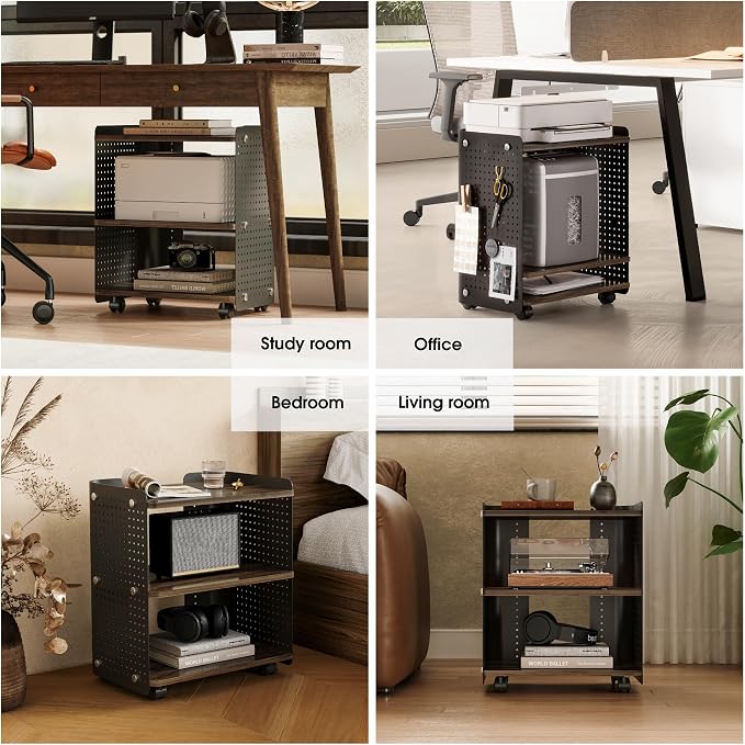 Fenge 3D Printer Stand, Heavy Duty Pegboard Storage Organizer with Adjustable Shelf, 22x18 Inch Rolling Printer Cart with Wheels, 3 Tier Home Office Stand