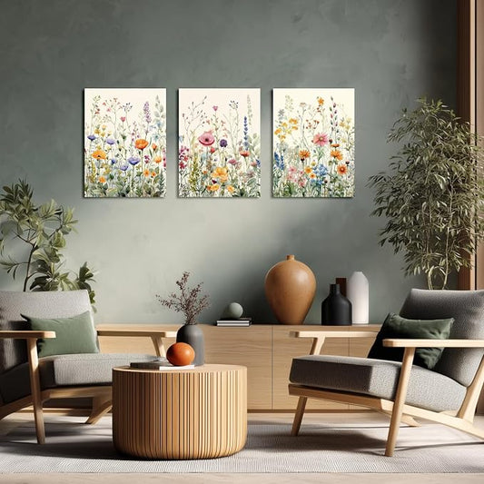 LLEEMPI Framed Watercolor Floral Wall Art Set of 3, Colorful Wildflower Wall Decor, Modern Abstract Botanical Canvas Painting, Rustic Farmhouse Poster Print for Bedroom Bathroom Office 16x24 Inch