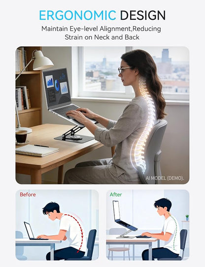 SOUNDANCE 360 Rotating Laptop Stand, Ergonomic Computer Riser for Desk, Adjustable Height Multi-Angle Metal Holder, Foldable Portable Notebook Elevating Base for Office & Home, Black