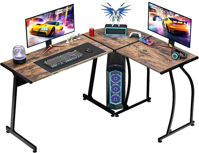 ZenStyle 55" L-Shaped Corner Computer Desk - Sturdy Steel Frame & Waterproof Surface, Brown Wood Grain Design for Home Office, Gaming & Multipurpose Workstation