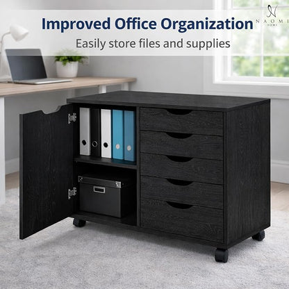 Naomi Home Under Desk Rolling Office File Cabinet with 5 Drawers & Side Storage Cabinet, Mobile Organizer with Shelves & Swivel Casters for Home Office - Distressed Black