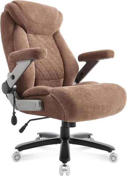 Fabric 700lbs Big and Tall Office Chair, Ergonomic Heavy Duty Executive Cloth Office Chair with 5D Flip Arms & Adjustable Lumbar Support & Dual Rubber Wheel, Large Thick Padded Extra Wide Seat, Brown