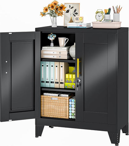 36" Metal Storage Cabinet with Lock,Steel Locker Organizer, Office File Cabinet with 2 Doors and 2 Adjustable Shelves,Outdoor Tool Garage Cabinets for Home Office,Gym,School,Warehouse(Black)