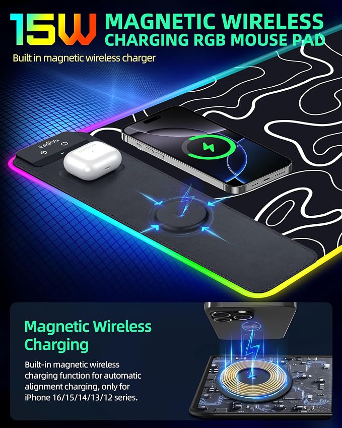 Wireless Charging Mouse Pad, RGB Gaming Mousepad, 31.5"x15.7" Extra Large Desk Pad, 13 Light Modes, Non-Slip Base, Waterproof Computer Keyboard Mat for MacBook, PC, Laptop, Black Topographic Line