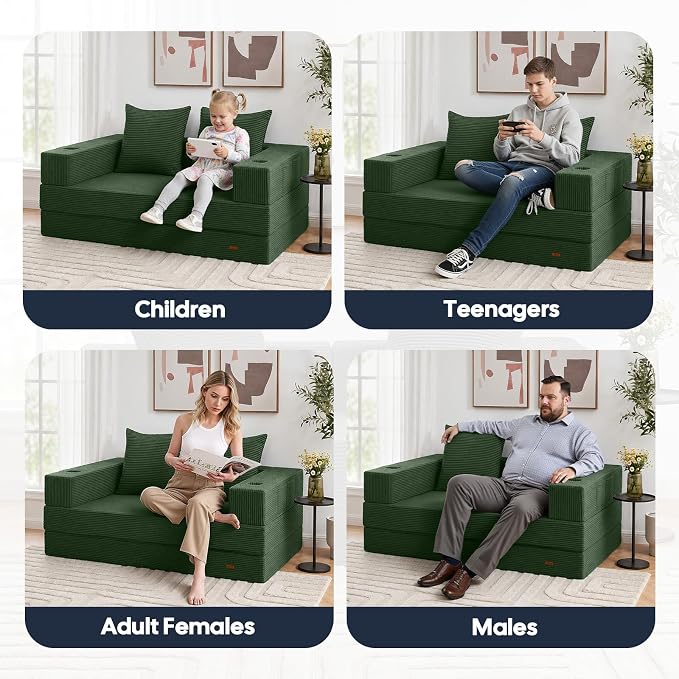 COMAX Futon Sofa Bed, 4‑in‑1 Convertible Sofa Bed, Folding Boneless Couches | Boneless Couch for living room, Fold Out Small Foldable Loveseat Floor Sleeper Mattress Lounge Space‑Saving, Green