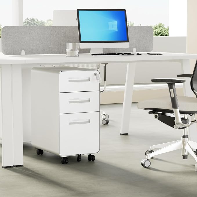 3 Drawers Slim File Cabinet, Mobile Filing Cabinet with Lock, Steel, Fully Assembled Except Casters, for Home Office, for A4, Letter, Legal File Folders, White