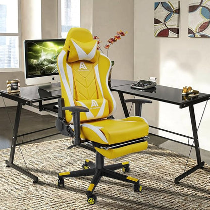 AA Products Gaming Chair - High Back Ergonomic Racing Chair with Footrest, Lumbar Support & Swivel - YellowWhite