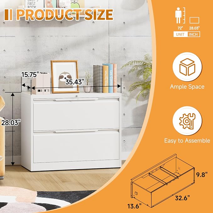 2-Drawer Metal File Cabinet with Lock,Steel Printer Stand with Storage for Home Office,Lateral Filing Cabinet for Legal/Letter/A4 Files,Assembly Required(35.43''W-2 Drawers,White)
