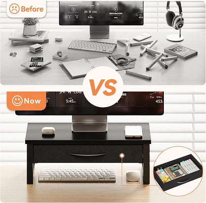 Computer Monitor Stand Riser, Desk Organizers and Accessories with Drawer, 2-Tier Laptop Stand for Desk, Office Organizer Storage, Wood