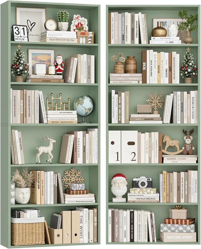 FOTOSOK 6-Tier Open Bookcase and Bookshelf, Freestanding Display Storage Shelves Tall Bookcase for Bedroom, Living Room and Office,Green Set of 2