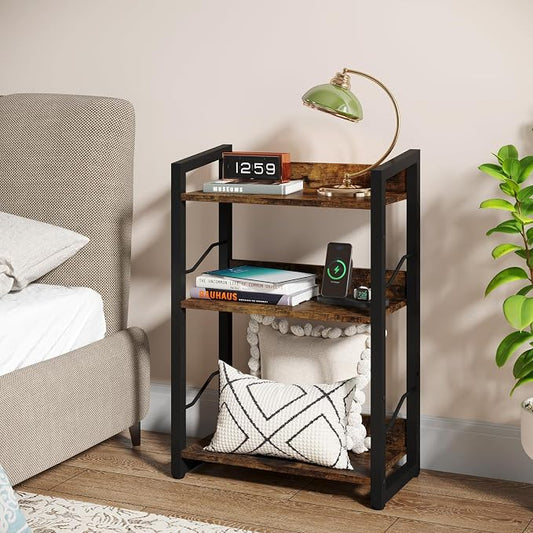 Hosfais Book Shelf Small Bookshelf: 3-Tier Wood Bookcase Industrial Bookshelf with Edge Protection Metal Narrow Bookcase Storage Organizer Display Rack for Bedroom Home Office (Rustic Brown)