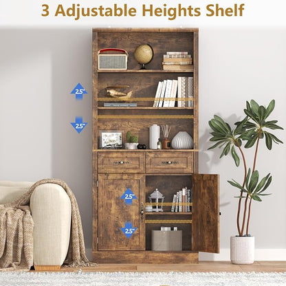 Thacuok 72'' Tall Bookcase with Doors and Drawers, Adjustable Shelves, P2 MDF Construction, 32'' Wide Freestanding Cabinet with Metal Handles, Hidden Storage for Living Room, Bedroom