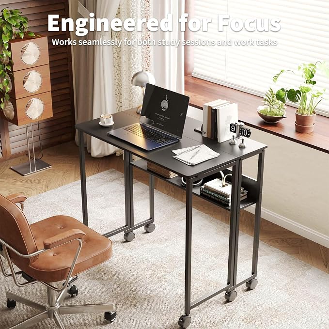 24.8" Folding Rolling Desk with Storage Shelf, Small Foldable Computer Table on Wheels for Home Office & Small Spaces, Portable Workstation with Brakes, Black